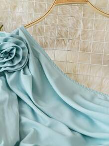 DreamSkyne Robe élégante asymétrique à épaules froncées et imprimé floral, grande taille - Bleu lagon - Voir 7