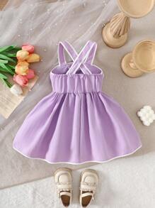 Baby Girl Elegant Textured Fabric Contrast Bow Dress - Purple - View 2