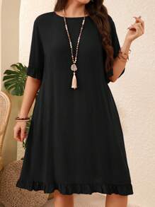 EMERY ROSE Plus Size Women Casual Solid Color Ruffled Hem Dress, Vacation Style - Black - View 2