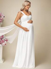 SHEIN Elegant Solid Color Asymmetrical Collar Super Long Maternity Dress, Wedding Dress - White - View 1
