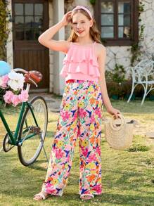 SHEIN Tween Girls Vacation Set Layered Ruffle Tank Top + Floral Print Wide Leg Pants, & Elegant Outfit Suitable For Daily Outing, Picnic, Beach Trip, Photo Shooting