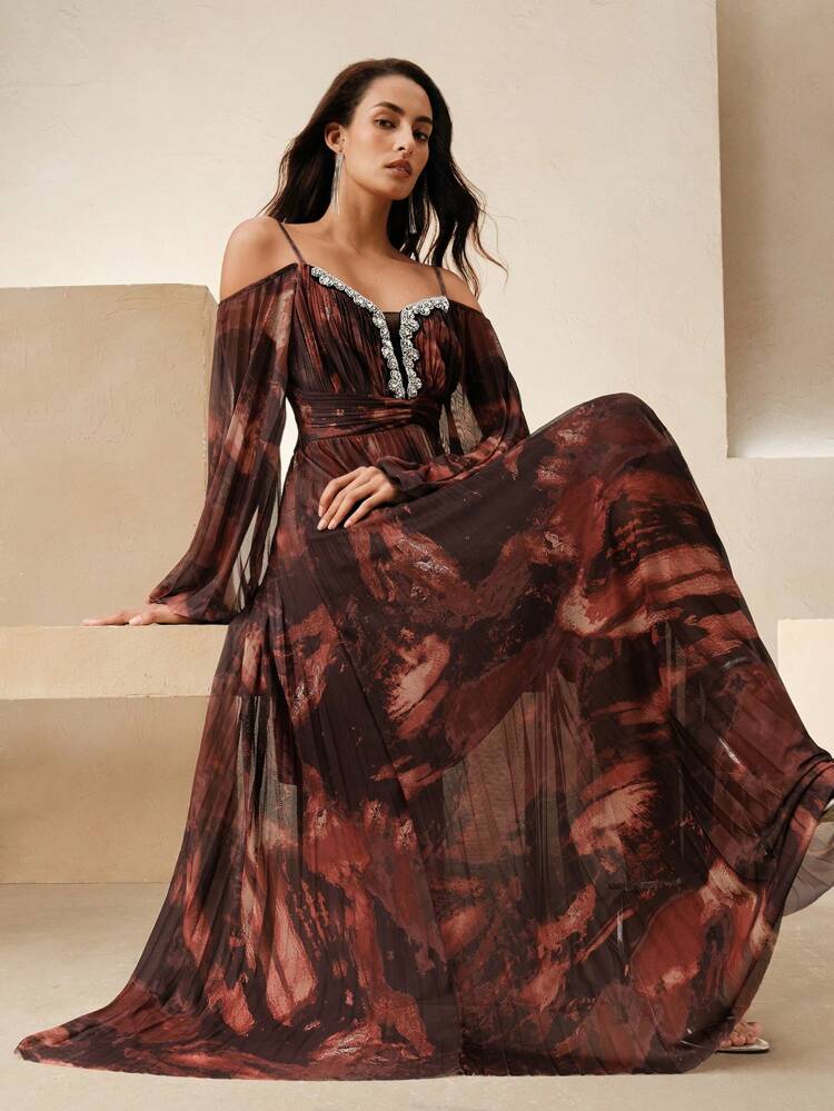 Women's Spring Spaghetti Strap V-Neck Pleated Rhinestone Decor Long Sleeve Elegant Tie Dye Printed Woven Dress