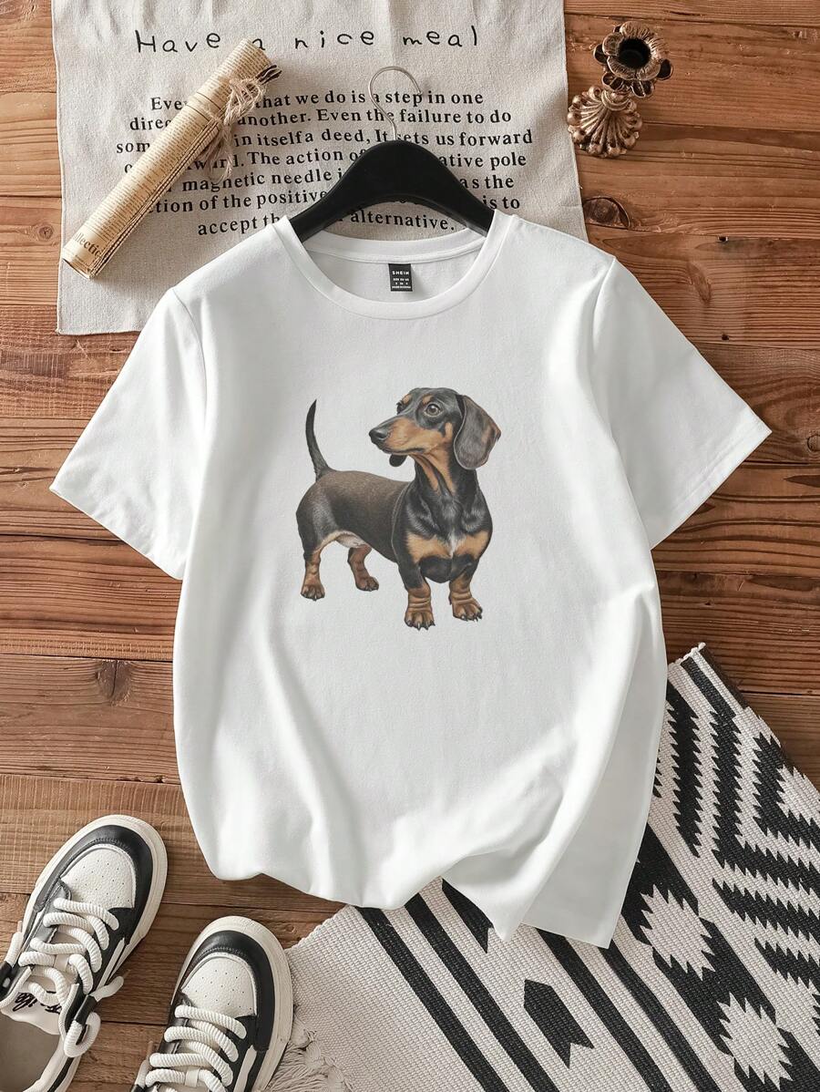 SHEIN EZwear 休闲简约复古腊肠犬印花修身圆领短袖女式 T 恤，适合夏季 - 白色 - 查看 1