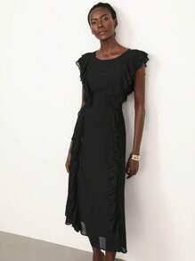 GENKIRA Navy Blue Chiffon Round Neck Layered Ruffle Hem Simple Elegant Versatile Cap Sleeve Dress - Black - View 3