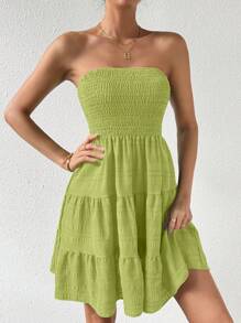 Chiquease Women Vacation Solid Color Cut-Out Back Ruffle Hem Dress - Green - View 6