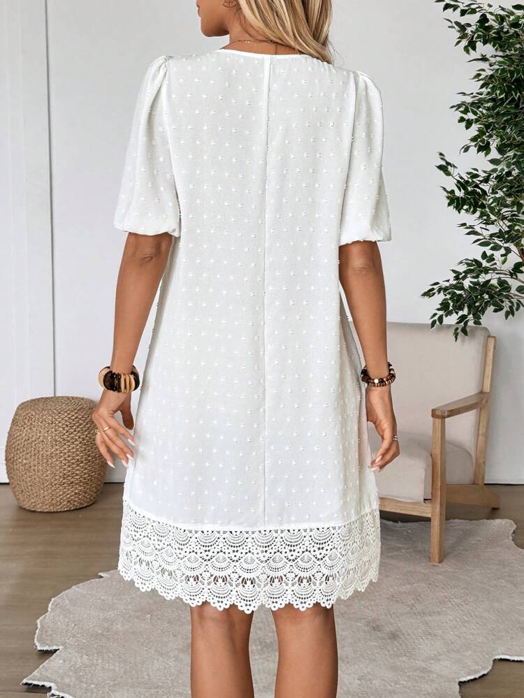 Women's Resort Casual Solid Color Lantern Sleeve Lace Patchwork Mini Dress