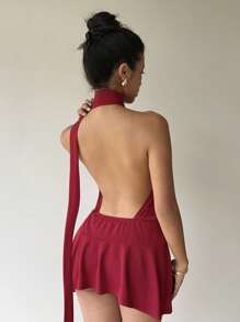 Aloruh Robe mini dos nu rose rouge avec col ras-du-cou pour femmes - Framboise - Voir 4