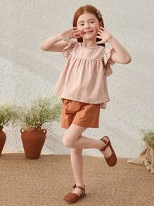 SHEIN Blus Anak Perempuan Gaya Prancis Elegan dengan Hiasan Pita Aprikot, Lengan Berkerut, Leher Bulat, Musim Semi & Musim Panas - Khaki - View 6