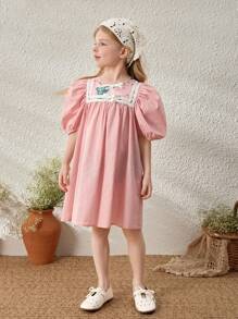 Blossori Vestido Solto Tecido Frouxamente com Estampa Floral Rosa Elegante Francesa para Meninas Jovens, Primavera/Verão - Rosa chiclete - Visão 7