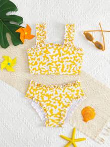 Gele tankini met bloemenprint en brede bandjes en ruches voor jonge meisjes, bijpassende outfits voor mama en mij (3 sets apart verkrijgbaar)