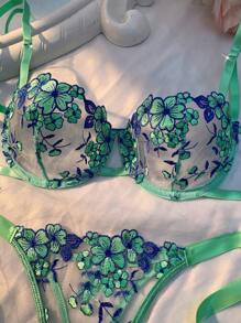 Esselle 2件套女士天蓝色刺绣系带性感内衣套装 - 綠色 - 查看 3