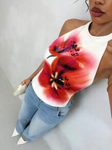 Glamine Vacation Style Floral Print Sexy Backless Halter Crop Top, Spring/Summer, Easter,Graduation, Country Concert,Club,Halter Top,Vacation - Apricot - View 3