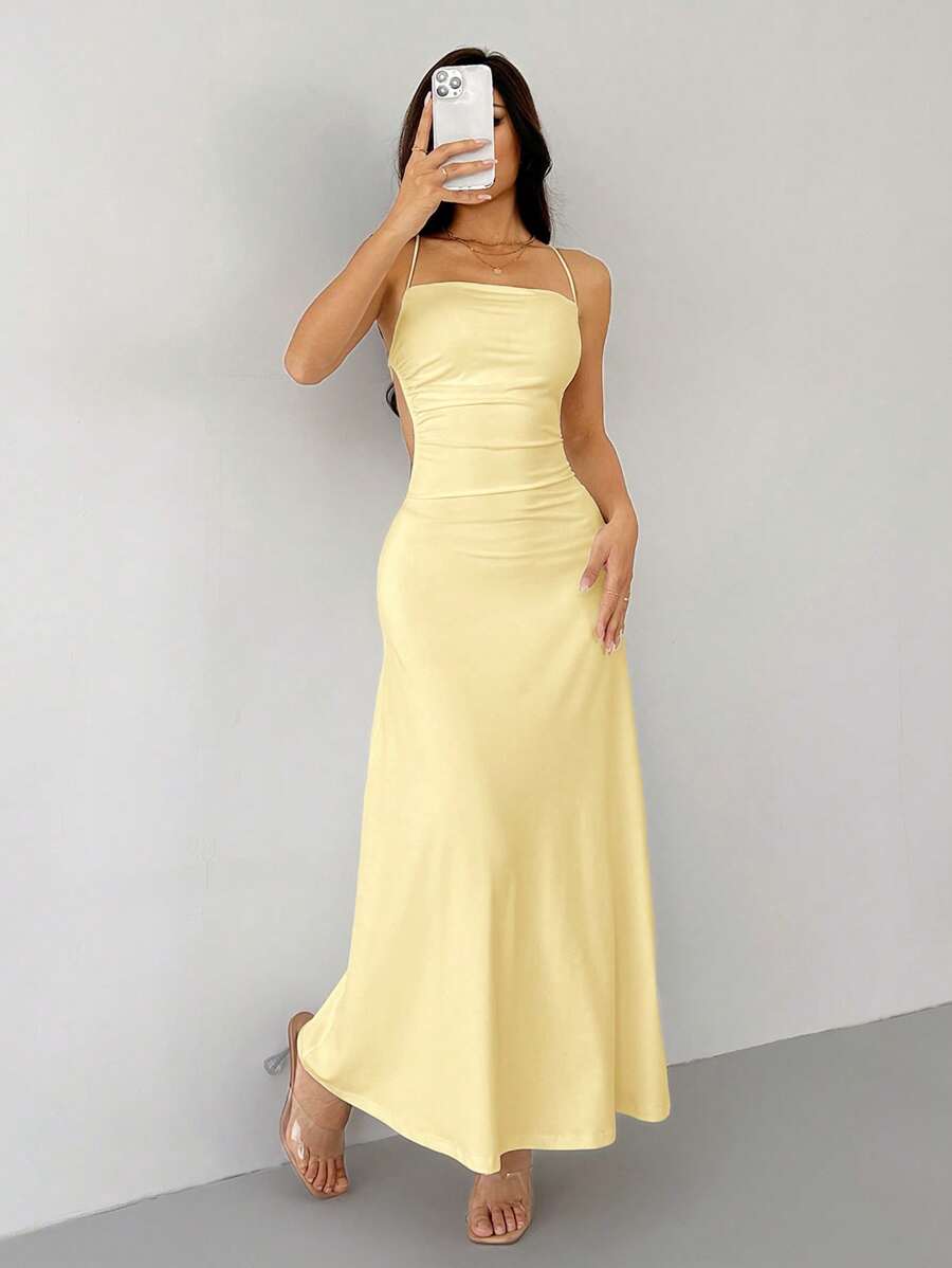 SHEIN PETITE 白色舞会礼服细肩带露背紧身垂坠领长款女式连衣裙 - 黃色 - 查看 1