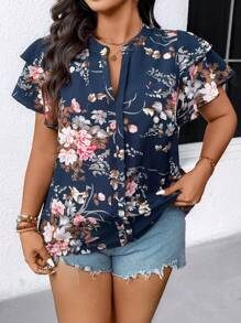 SHEIN Áo sơ mi ngày lễ thường ngày họa tiết hoa cỡ lớn - Màu xanh hải quân - Xem 3