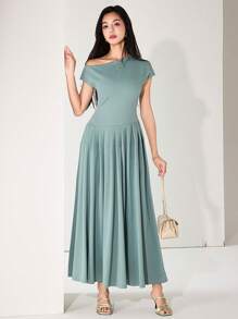 Heiryn Women's Elegant Solid Color Asymmetrical Neck Ruched Hem Long Dress - Green - View 2