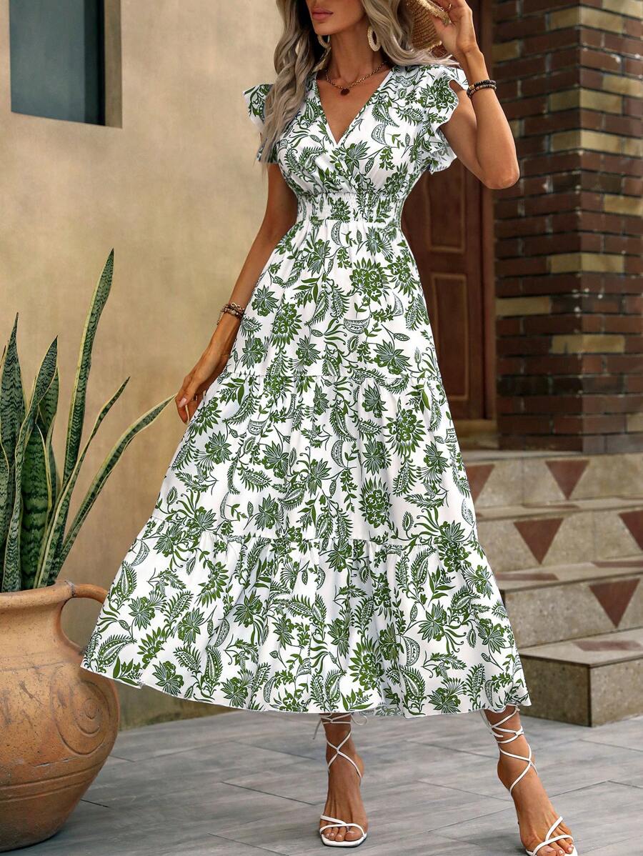 SHEIN Clasi New Floral Print Butterfly Sleeve Ruffle Hem Sexy Bohemian Maxi Dress For Vacation & Commute - Army Green - View 1