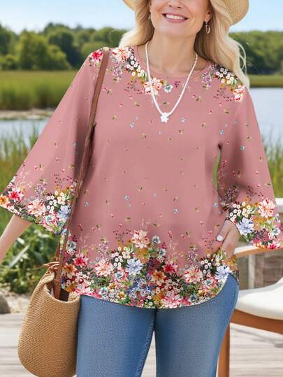 EMERY ROSE 大码女式休闲全印花圆领宽松 3/4 袖衬衫，秋冬款