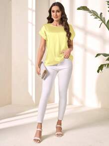 EMERY ROSE 女士纯色圆领短袖休闲宽松衬衫 - 黃色 - 查看 3