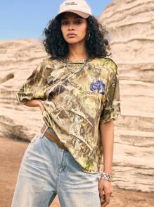 Easelle Summer Women's Vintage Western Style, Cowgirl Camouflage Branch & Leaf Splatter Print Knitted Women's Casual Loose T-Shirt - Multicolor - View 3