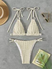 SHEIN Swim 2 pezzi Costume da bagno donna sexy, top in tessuto a costine e slip triangolo regolabile con decorazione ad anello argento