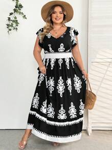 SHEIN CURVE+ Vestido casual de vacaciones con cuello en V, volantes, mangas tapón, cintura con cordón y dobladillo con volantes en forma de A, para mujer talla grande. Atuendo para la playa/Vestido de playa/Atuendos de vacaciones en la playa/Esenciales de playa/Graduación/Vestido para té