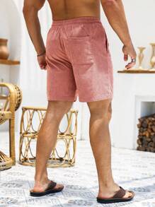 Manfinity Homme Loose Fit Men's Letter Patched Detail Drawstring Waist Shorts, Corduroy, Fall/Winter - Dusty Pink - View 2