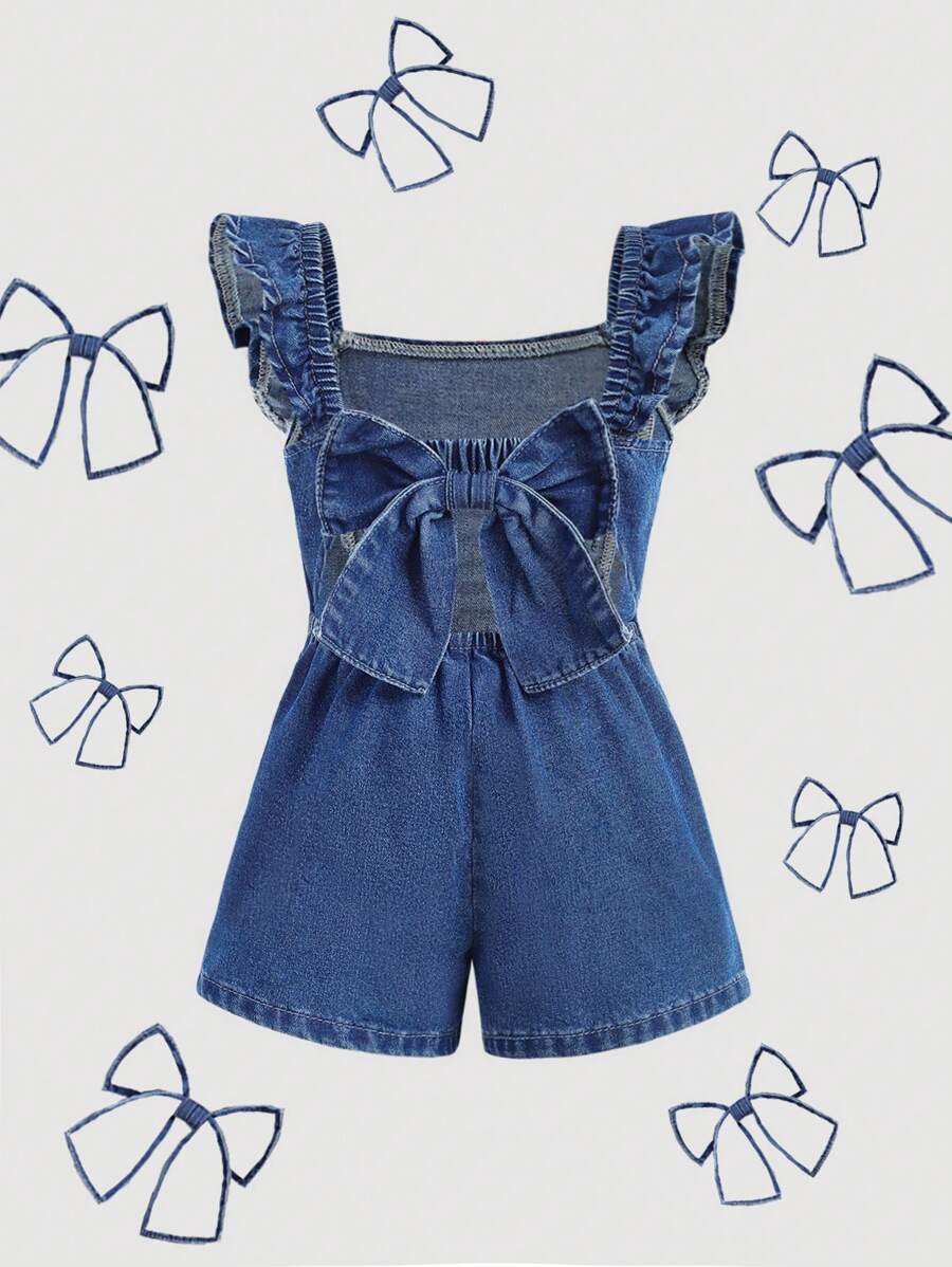 SHEIN 年轻女孩 2025 新款可爱蓝色牛仔背带短裤，儿童女孩春夏休闲度假 - 中等水洗藍 - 查看 1