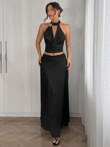 Firerie Damen Frühling elegante romantische Mode Pendler sexy anmutiger Stil, geeignet für Party, Urlaub, romantisches Date und Hochzeitsgeburtstag, drapierter Ausschnitt anliegende Bluse + Schlitz-Midi-Rock 2 Stücke Set - Schwarz - Übersicht 3