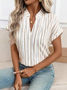 SHEIN Clasi Elegant Dress Women  Women's New Sleeve Shirt With Button, Striped Patchwork Ruffle, Professional Office Wear Blouse Summer Clothes Business Casual Woman Business Casual Woman Tops Summer Shirts - Multicolor - View 5