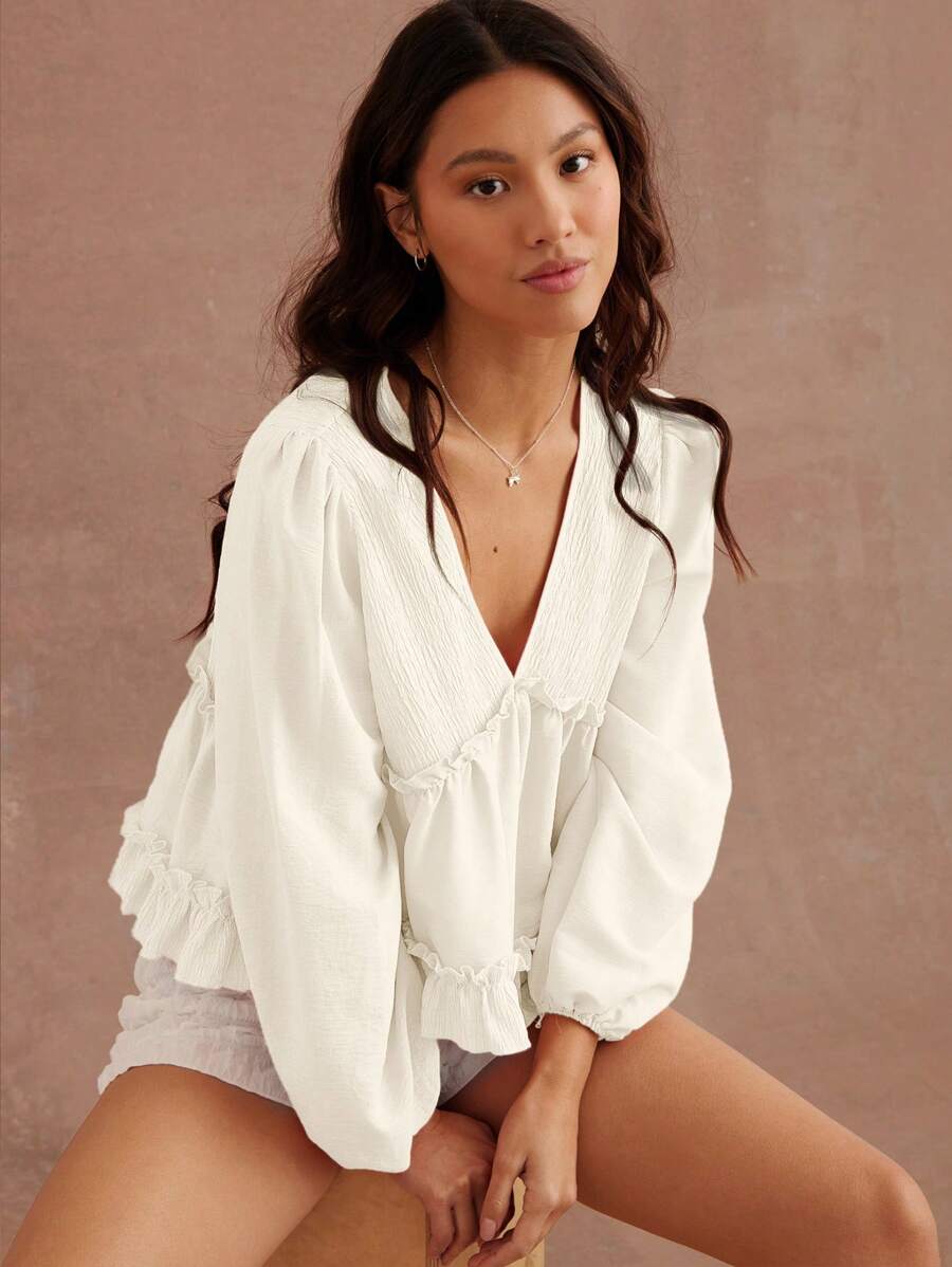 WESTFADE 混合材质针织和梭织 V 领娃娃装长袖上衣 - 白色 - 查看 1