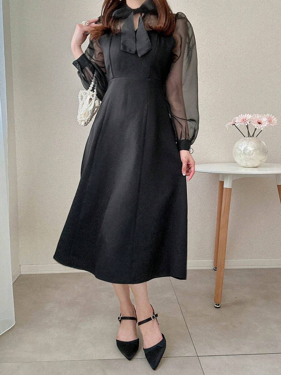 FRIFUL Women's Mesh Patchwork Fall Dress - Black - View 1