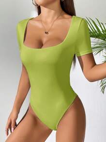 SHEIN PETITE 女士方领短袖休闲 T 恤紧身衣 - 綠色 - 查看 1