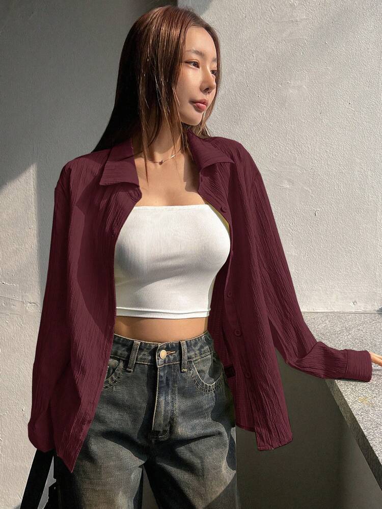 Oversized Red Street-Style Long Sleeve Women Shirt,Fall Clothes