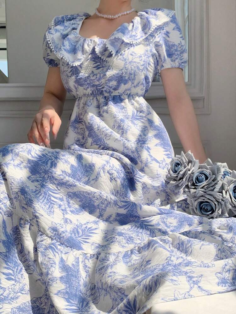 Women's Floral Print Ruffle Hem Long Sleeve Dress, Blue Maxi Dress Boho