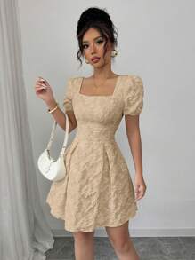 Airlisse Abito elegante da donna con scollo quadrato, maniche a palloncino e stampa jacquard