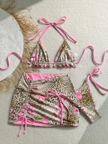 Soleia 3-Piece Women Leopard Print & Pink Reversible Bikini Set, Women Swimwear, Women Vacation Outfit, Women Summer Wear, Women Sexy Beach Outfit, Thong, Tie-Up, Sexy Style, Women Beach Vacation Swimsuit - Multicolor - View 5