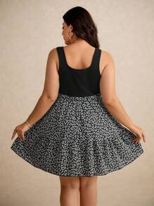 Elaquor Plus Size Boho Summer Square Neck Patchwork Ditsy Floral Sleeveless Dress,Beach Dress Sundress,Holiday Outfits