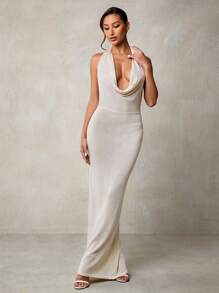 Glamine كنزة صوفية صوفية طويلة بياقة عالية وظهر مكشوف بأناقة وأسلوب عطلة نسائية للصيف - بيج - مشاهدة 6