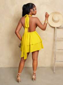 BamGleam 女士度假纯色深 V 领荷叶边下摆性感吊带连衣裙