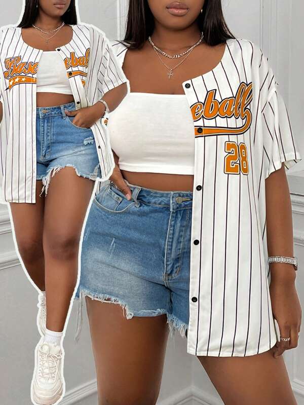 SHEIN EZwear Plus Size Women's Casual Woven Fabric Baseball Jersey Style Button-Down Short Sleeve V-Neck Striped Blouse