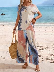 EMERY ROSE 女士夏季扎染印花圆领短袖上衣和裤子休闲套装