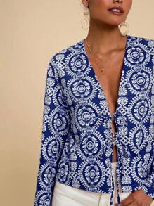 Travachic Vacation Woven Print Tie Front Bow Long Sleeve Loose Blouse For Women,Summer,Beachwear,Easter,Beach,Spring Break,Vacation Women,Concert,BOHO,Bohemia,Music Festival,Tropical Vacation - Blue - View 6