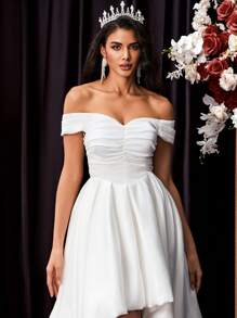 Glamrae Elegant And Gorgeous White Luxurious Satin Off The Shoulder Gathered Short Front And Long Back Design Tail Dress Suitable For Wedding Festival Bridal Dress Formal Occasion Wedding Dress, Bride - White - View 4