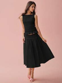 Enchnt Spring/Summer Romantic Women's Black Pleated Crew Neck Casual Tank Top,Sweet&Elegant For Holiday &Sweet Date&Daily&Vacation - Black - View 2