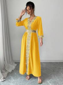 Elenzga V 领优雅时尚拼布女式连衣裙