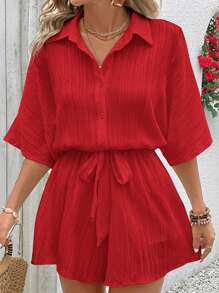 SHEIN VCAY 大码纯色蝙蝠袖连体衣 - 紅色 - 查看 4