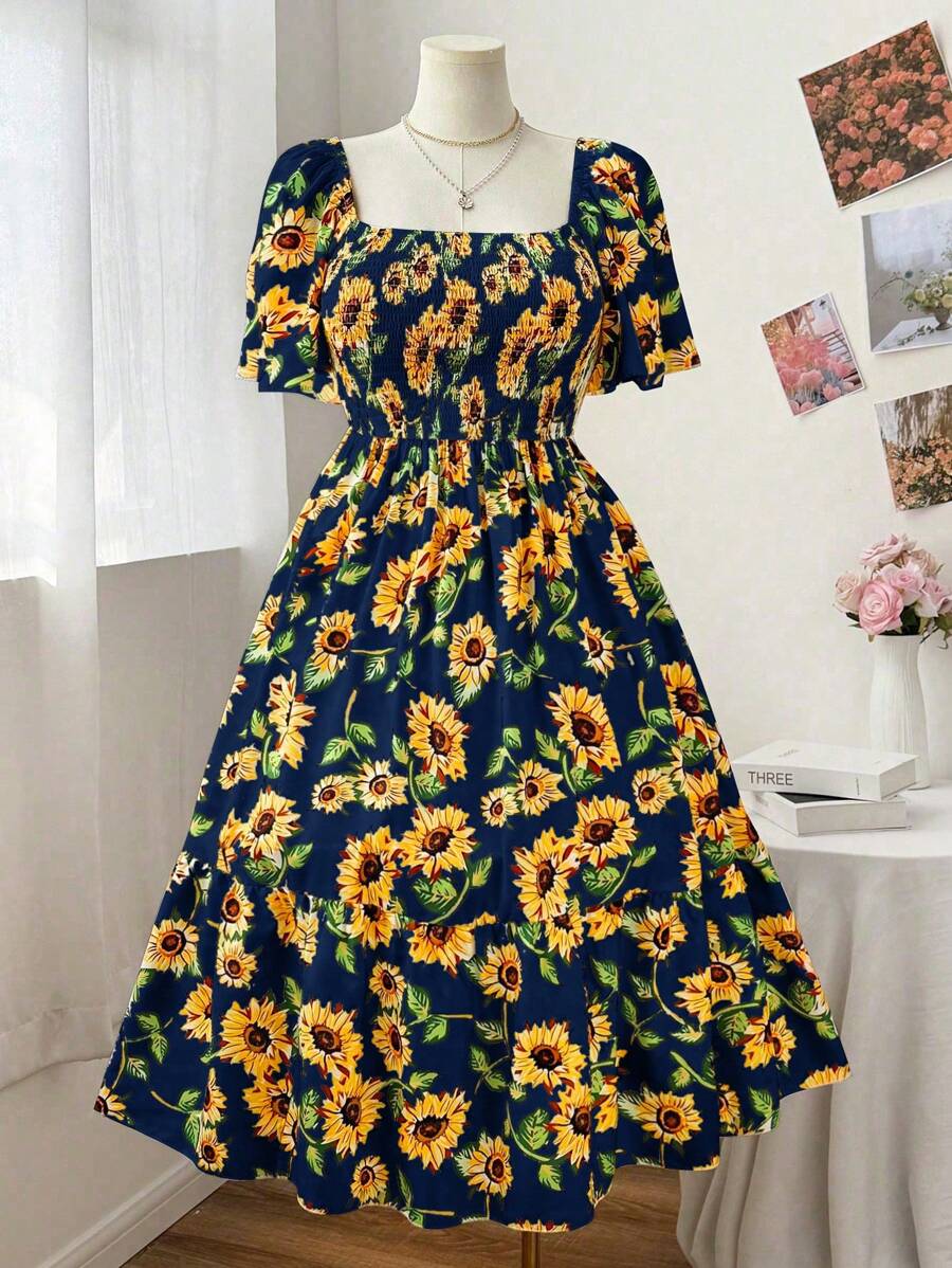 Flirla 大码女式荷叶边袖向日葵印花连衣裙，优雅适合度假、海滩、夏季 - 藏蓝色 - 查看 1