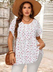 EMERY ROSE Áo cánh Raglan cỡ lớn họa tiết hoa ngày lễ cổ chữ V đơn hàng khuy lớn phù hợp cho mùa hè Boho dành cho phụ nữ Quà tặng quần áo cho mẹ Phong cách kỳ nghỉ xuân thường ngày SS Bohemia dáng rộng - Nhiều màu - Xem 5