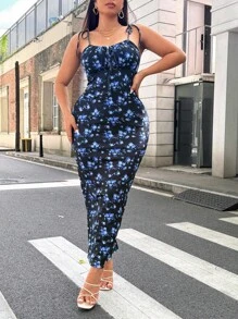 Easura 大码女式时尚紧身花卉印花夏季吊带连衣裙，胸部有褶饰，长款女式服装 - 彩色 - 查看 3
