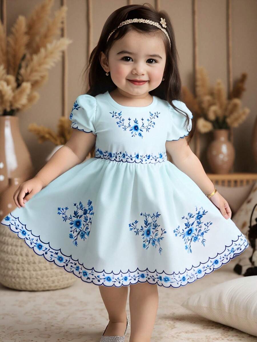 SHEIN Baby Girl Infant Toddler, 0-3 Years Old, Blue & White Elegant Vacation Puff Sleeve Dress, Spring/Summer - Blue - View 1